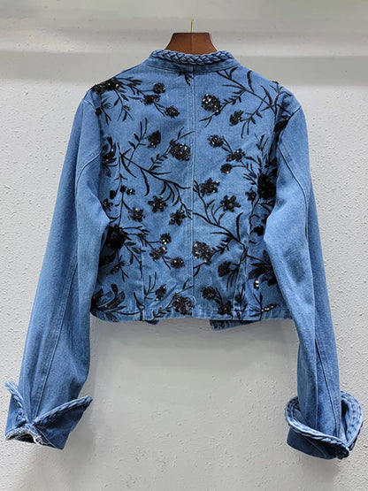 Women's Denim Coats Embroidery Sequins Flowers Buttonless Irregular Collar Twist Jackets  Summer New Fashion