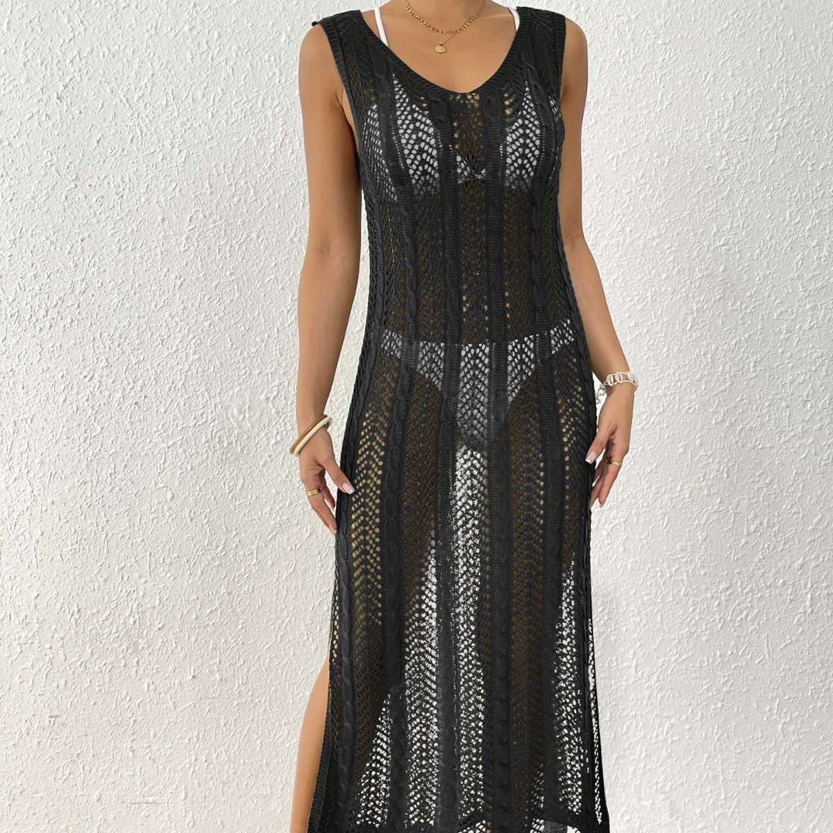 Ladies' Vacation Beach Dress, Hollow Knit Sleeveless Maxi Dress