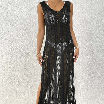 Ladies' Vacation Beach Dress, Hollow Knit Sleeveless Maxi Dress