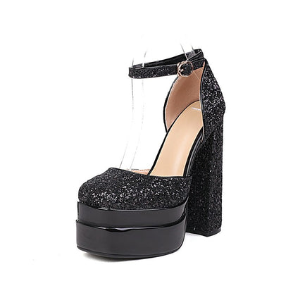 Rhinestone Ankle Strap Super Thick High Heels Platforms Pumps For Women Casual Spring Summer Shallow Party Chunky Shoes Ladies