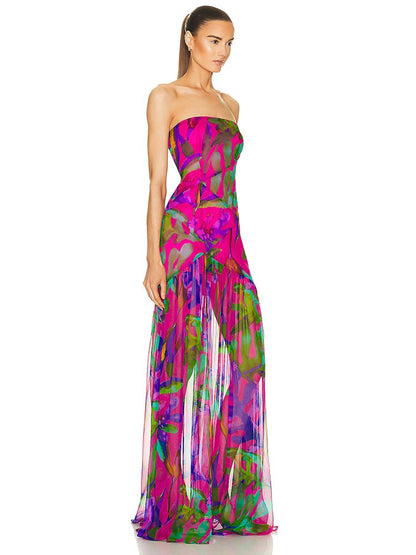 New Printed Strapless Mesh Splice Split Celebrity Party Ladies Sexy Sleeveless Printed Split Colorful Holiday Dress
