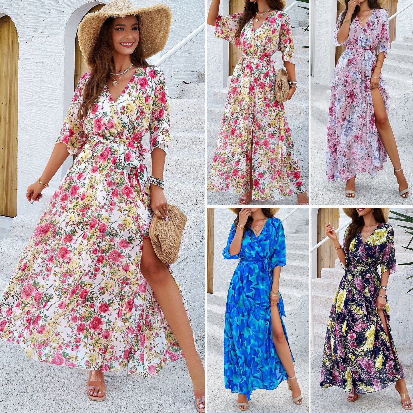 Ladies' elegant spring and summer temperament printed waist cinching dress