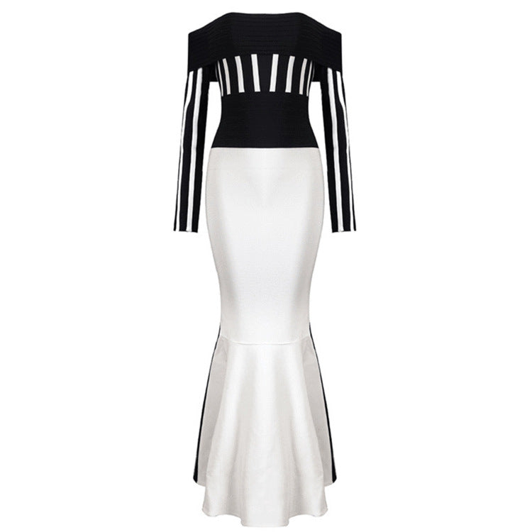 High Quality  Ladies Off Shoulder Colorblock Striped Evening Gown Dress Hot Sexy Striped Hip Dress Long Skirt