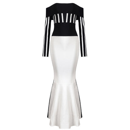 High Quality  Ladies Off Shoulder Colorblock Striped Evening Gown Dress Hot Sexy Striped Hip Dress Long Skirt