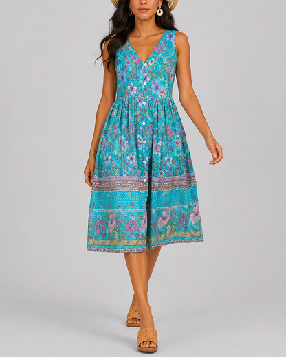 Women's Fashion Ethnic Style Blue Printed V-Neck Open Front Sleeveless Dress
