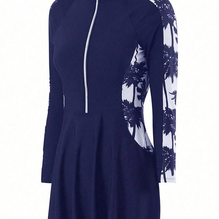 Style Printed Long Sleeve Zipper Swimwear Top for Women