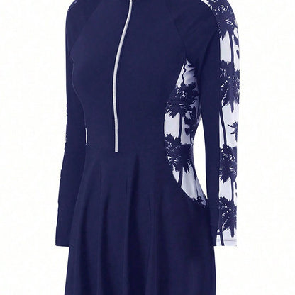 Style Printed Long Sleeve Zipper Swimwear Top for Women