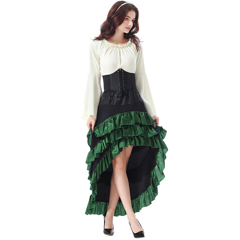 Ladies' Halloween Literary Front-Short Back-Long Ruffle Long Dress, Medieval Pirate Style Waist-Cinching Skirt