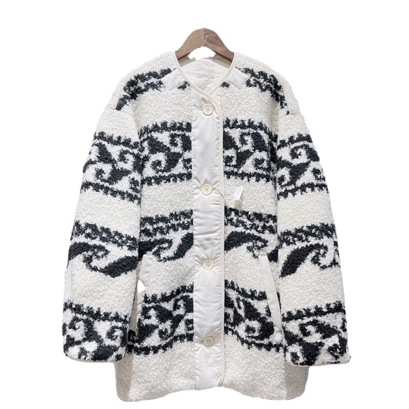Women Jackets  Autumn/ Winter New Retro Commuter Woolen Mid-length Contrast Color Loose Lamb Wool Ladies Coat