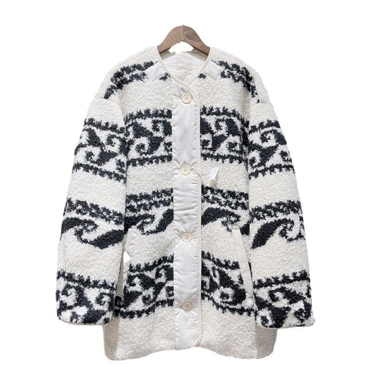 Women Jackets  Autumn/ Winter New Retro Commuter Woolen Mid-length Contrast Color Loose Lamb Wool Ladies Coat