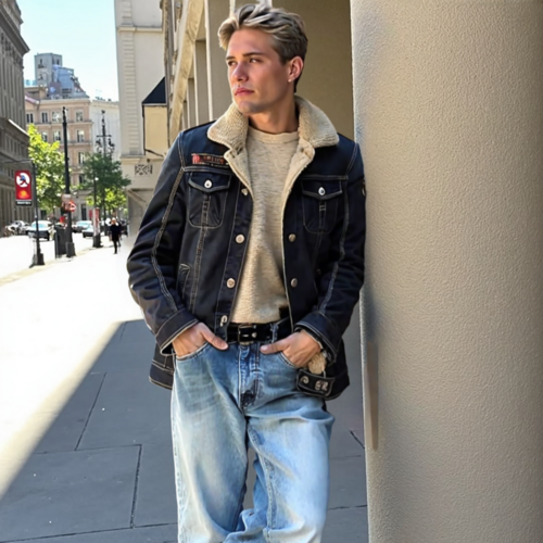 Mens Denim Jean Jacket in Black with Inner Faux Fur