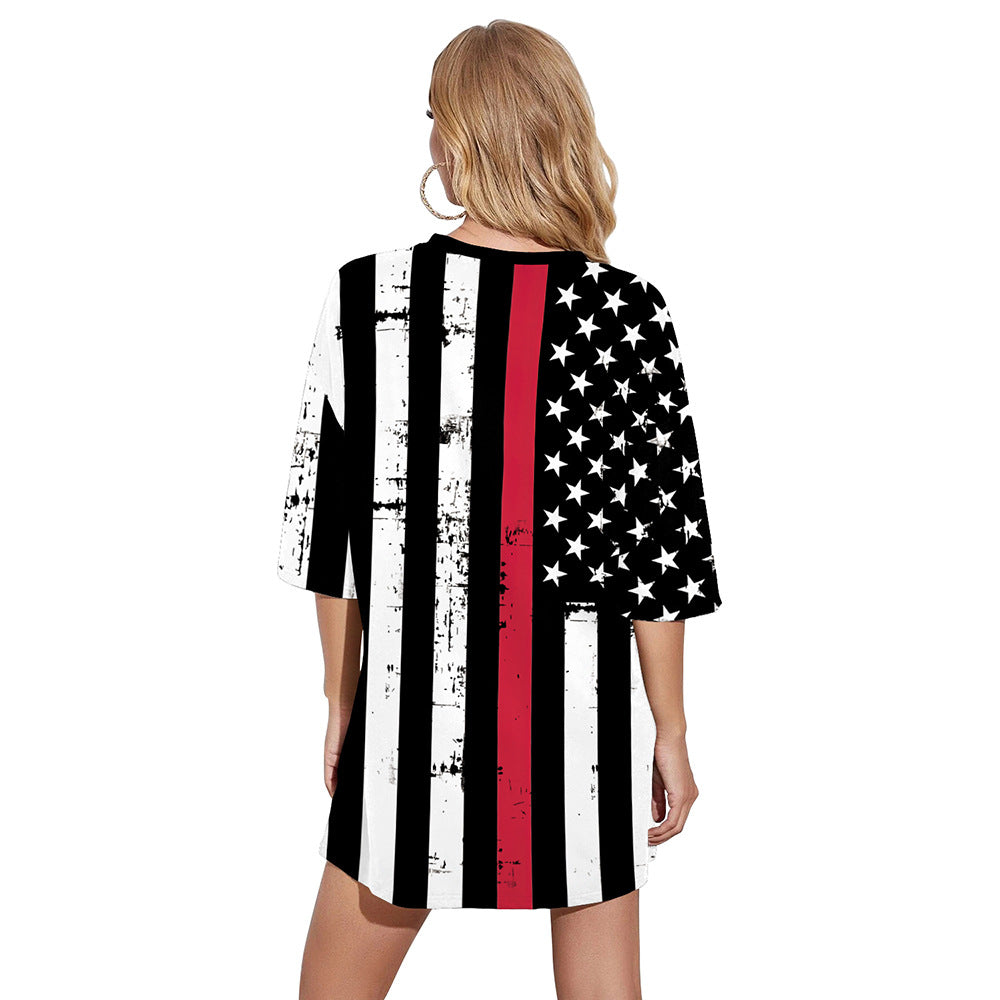 Summer New Women's Independence Day Ladies Long T-Shirt Digital Printing T-Shirt Plus Size Loose Blouse