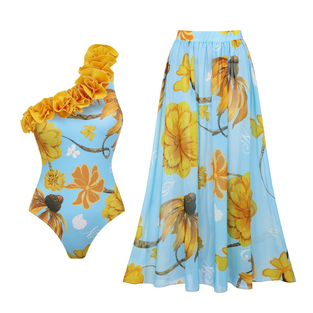 Fresh Blue Base Sunflower One-Shoulder One-Piece Swimwear Women's Two-Piece Set, 3D Ruffle Trim Vacation Swimwear for Women