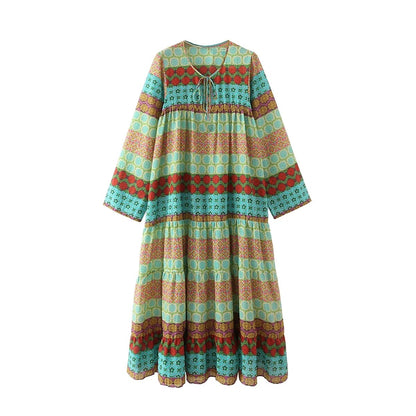 Ladies Fashion Printed Round Neck Long Dress Summer New Loose Pleated Tie Retro Long Dress