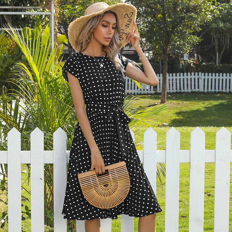 Summer Ladies Midi Dress Short Sleeve Fashion Polka Dot Pleated Dress