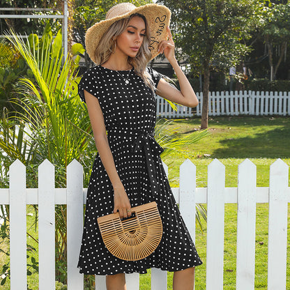 Summer Ladies Midi Dress Short Sleeve Fashion Polka Dot Pleated Dress