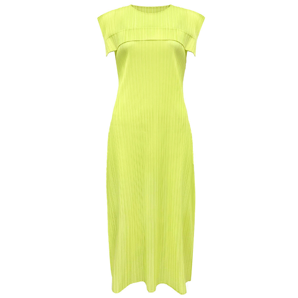 Ladies summer simple loose sleeveless pleated waistcoat round neck mid-length dress
