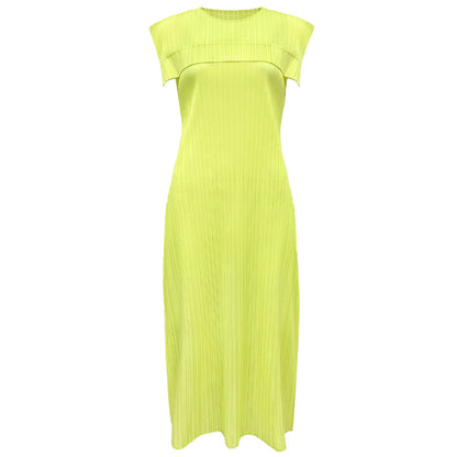 Ladies summer simple loose sleeveless pleated waistcoat round neck mid-length dress