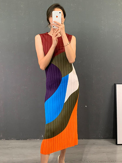 Color Block Pleated Sleeveless Dress For Women Summer Slim Fit Round Neck Mid Length Ladies Elegant Clothing