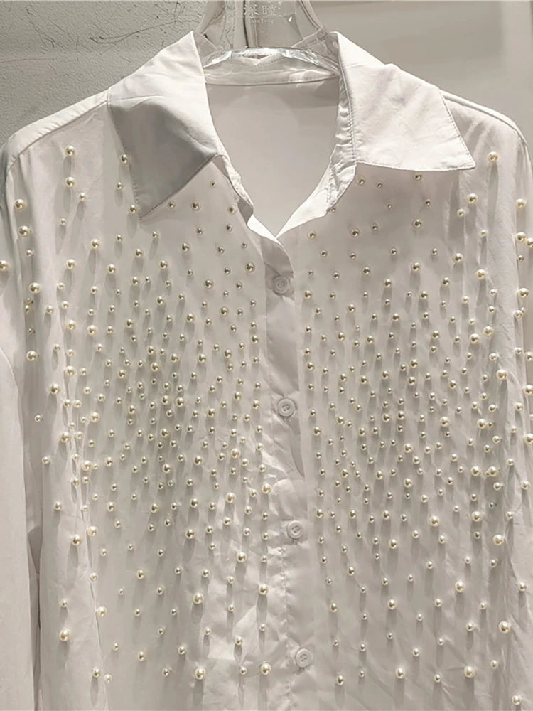 Women's Denim Shirt Loose Solid Color Full Pearls Single Breasted Female Causal Blouse Summer New Fashion