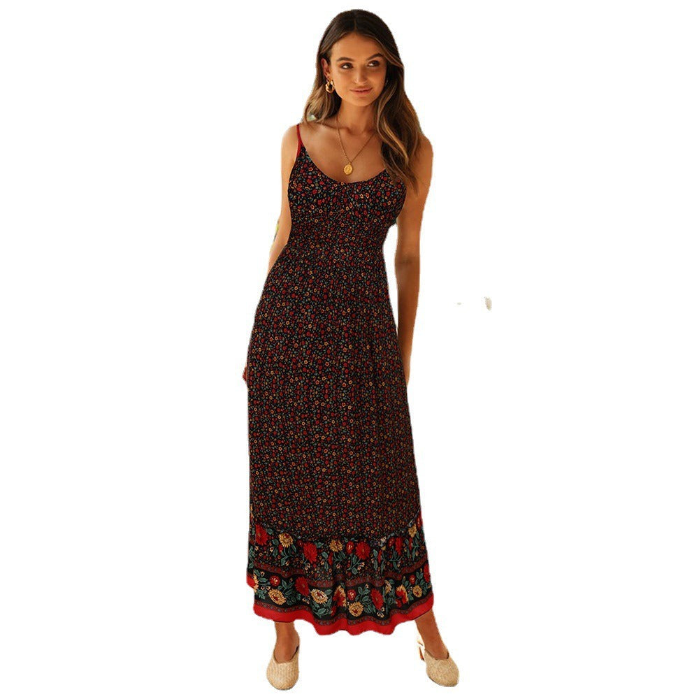 Summer Maxi Boho Dress Women Elegant Floral Dress Ladies Flower V-neck Sleeveless Strap Holiday Bohemian Dress