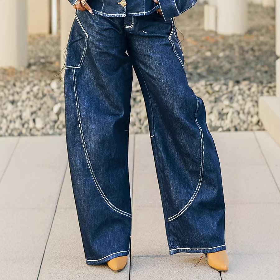 Stylish Stitched Curved Hem Denim Pants