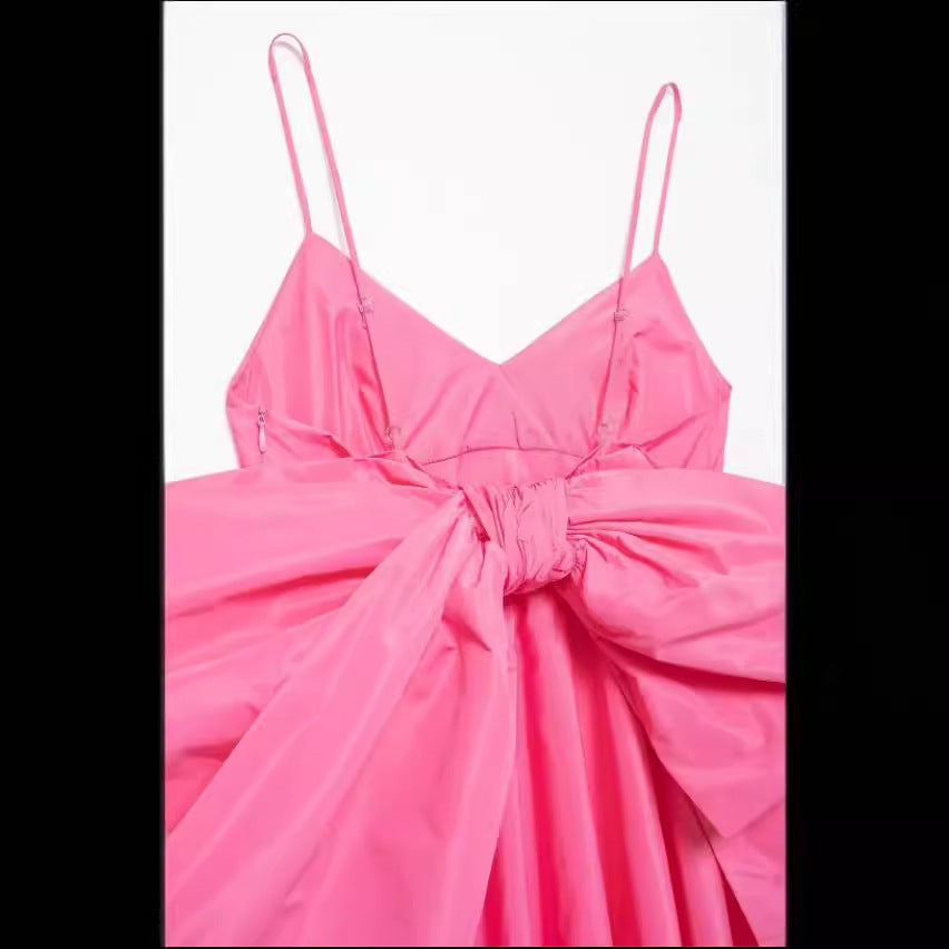 Summer new bow embellished taffeta suspender dress