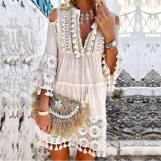 New Women's Fashion Sweet Ladies Dress Long Sleeve Dress Fringe Dress