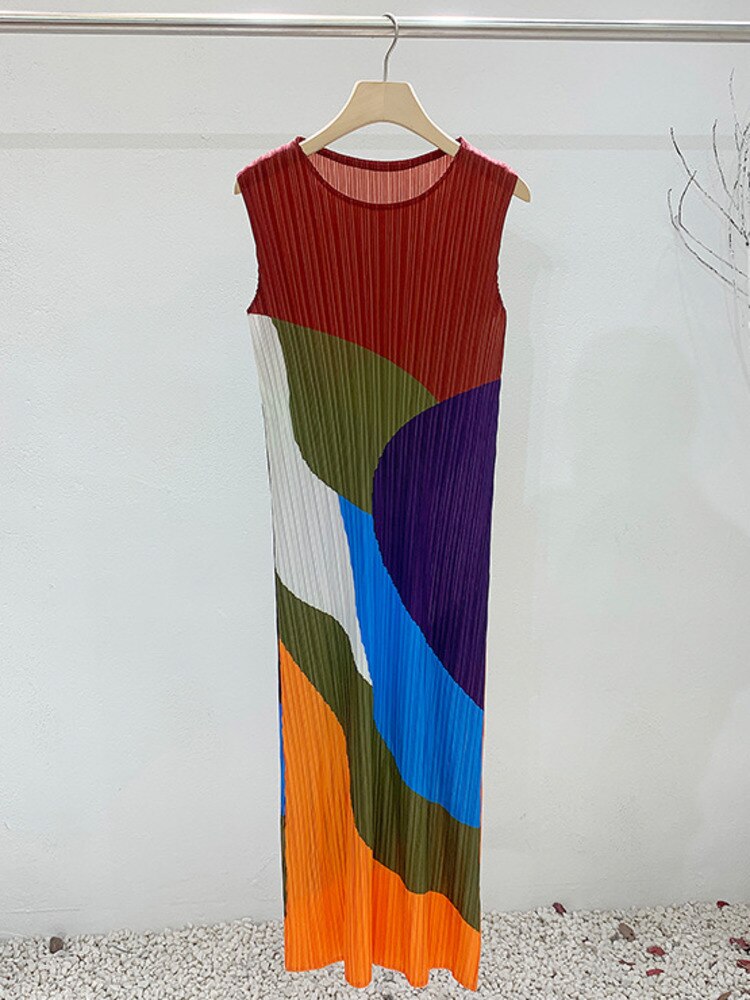 Color Block Pleated Sleeveless Dress For Women Summer Slim Fit Round Neck Mid Length Ladies Elegant Clothing