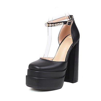 Rhinestone Ankle Strap Super Thick High Heels Platforms Pumps For Women Casual Spring Summer Shallow Party Chunky Shoes Ladies