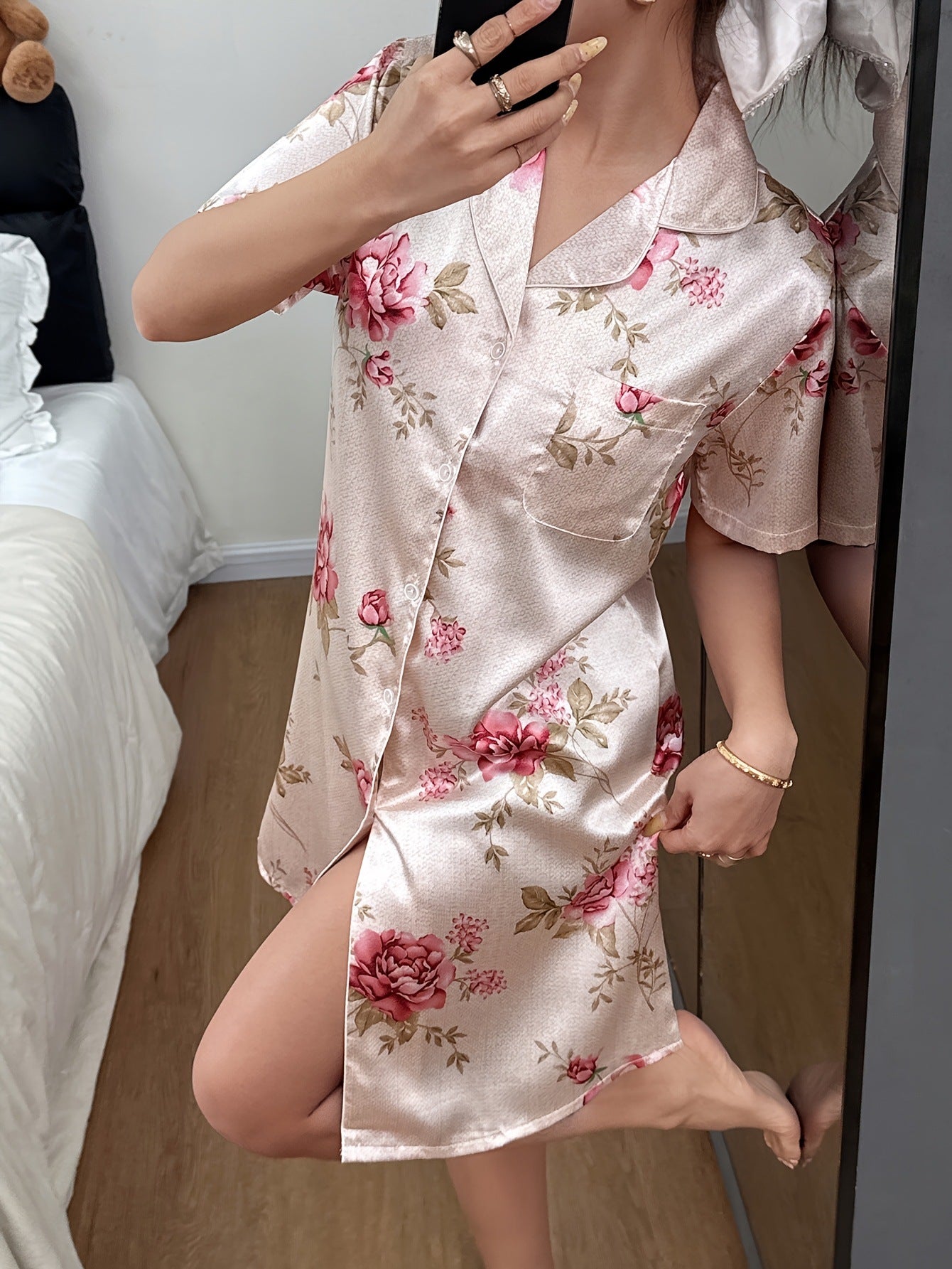 Ladies' Sleepwear Home Clothing Sexy Floral Summer Lightweight Rayon-like  Casual Short Sleeve Shirt Dress