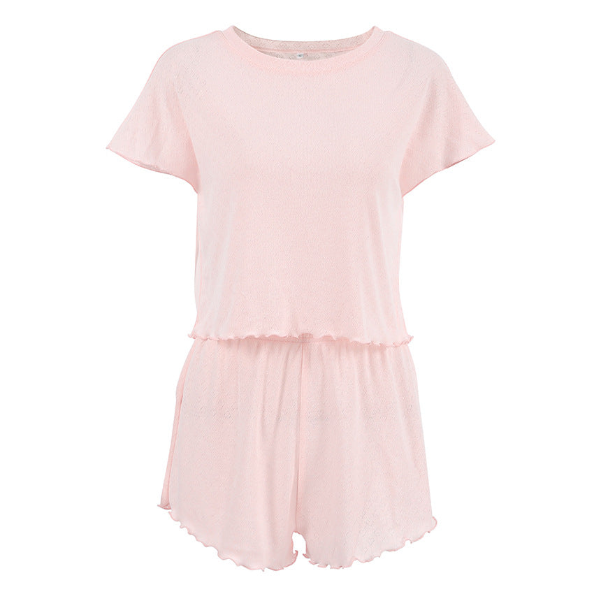 Ladies' Knitted Blend Breathable Soft Short Sleeve ampShorts Two-Piece Set, Elastic Home Wear for Spring and Summer