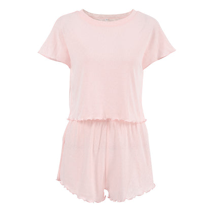 Ladies' Knitted Blend Breathable Soft Short Sleeve ampShorts Two-Piece Set, Elastic Home Wear for Spring and Summer