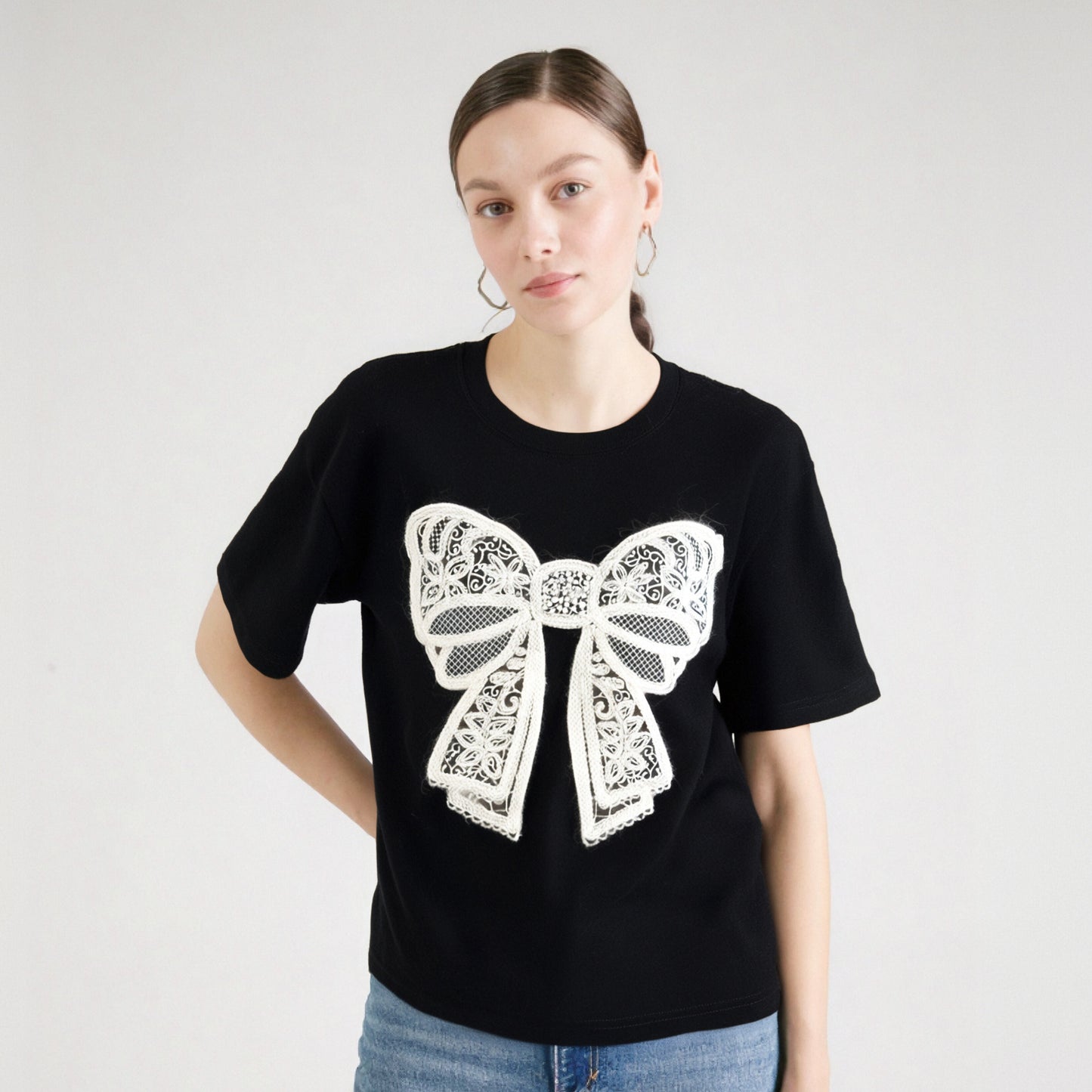 Summer Stylish Loose T-shirt Tees Women Bow Fashion Elegant Chic Ladies Tops Black Short Sleeve O-neck Tshirts Y2k Tops
