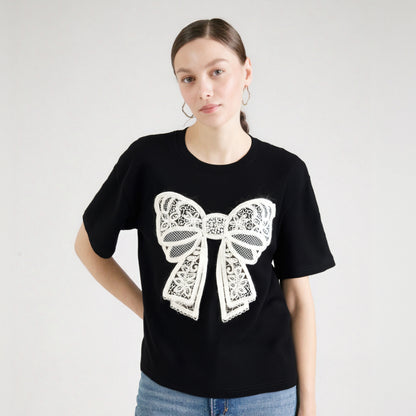 Summer Stylish Loose T-shirt Tees Women Bow Fashion Elegant Chic Ladies Tops Black Short Sleeve O-neck Tshirts Y2k Tops