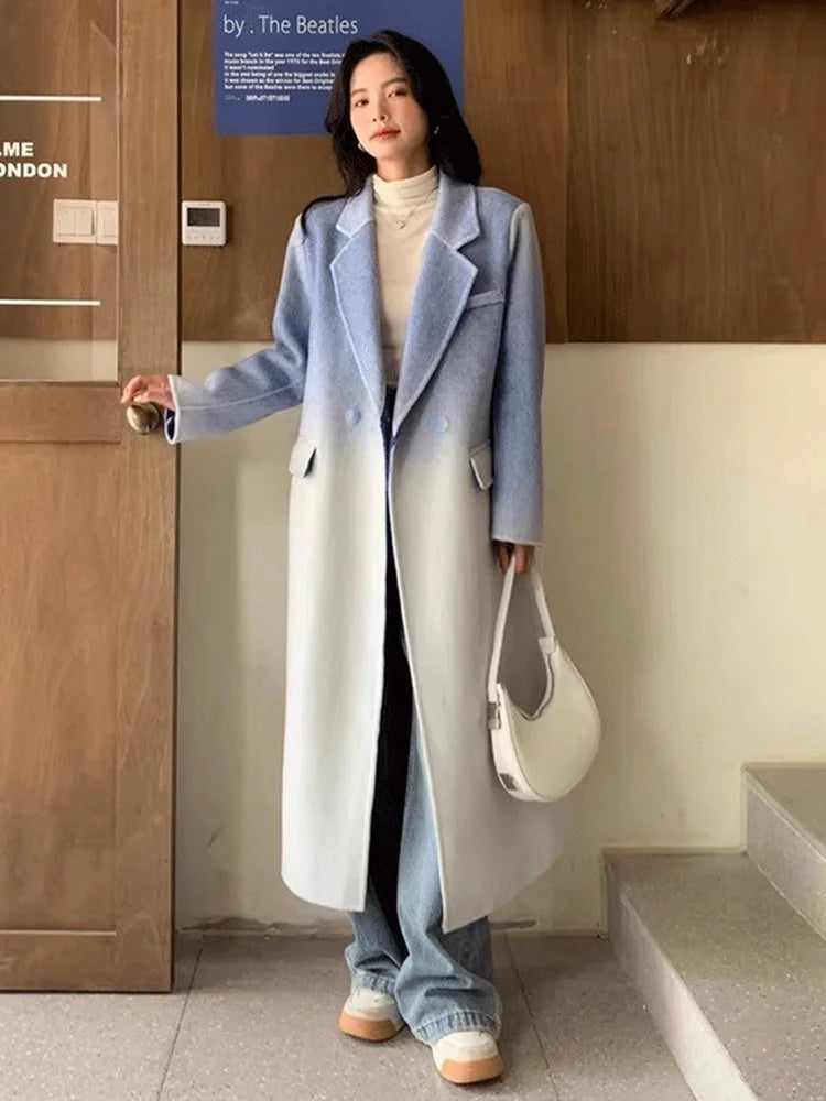 Winter Women Vintage Long Woolen Coat Fashion Long Sleeve Jackets Chic Gradient Outerwear Korean Ladies Casual Overcoat