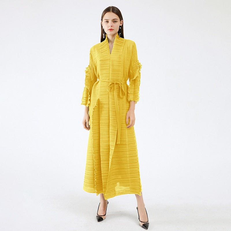 Spring And Summer Women's Catwalk Models Fungus Edge Long Sleeve Stitching Straps Pleated Dress