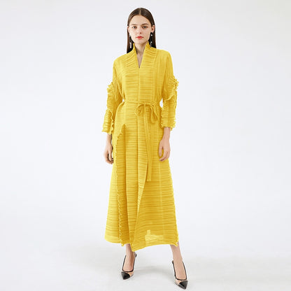 Spring And Summer Women's Catwalk Models Fungus Edge Long Sleeve Stitching Straps Pleated Dress