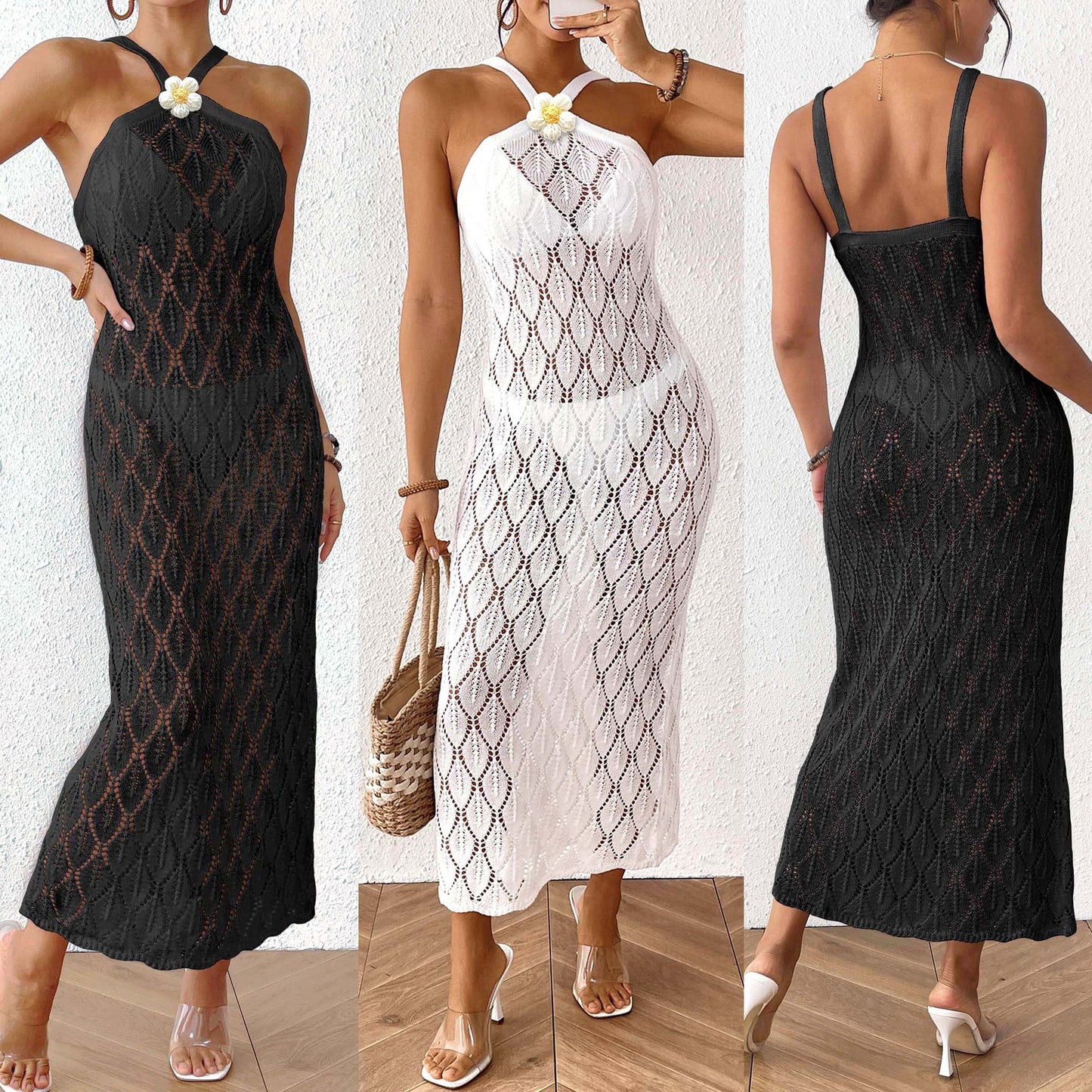 Ladies Beach Dress Women's Sexy Backless Hollow Dress Bikini Cover-Up