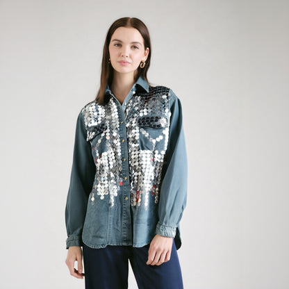 Women's Denim Shirt Loose Patchwork Full Sequins Single Breasted Blue Long Sleeve Blouse  Summer New Fashion