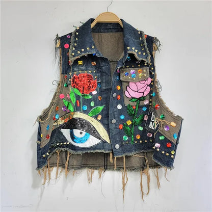 Vintage Lapel Single Breasted Sequin Diamond Flower Loose Contrasting Denim Vest Jackets Women Spring Summer