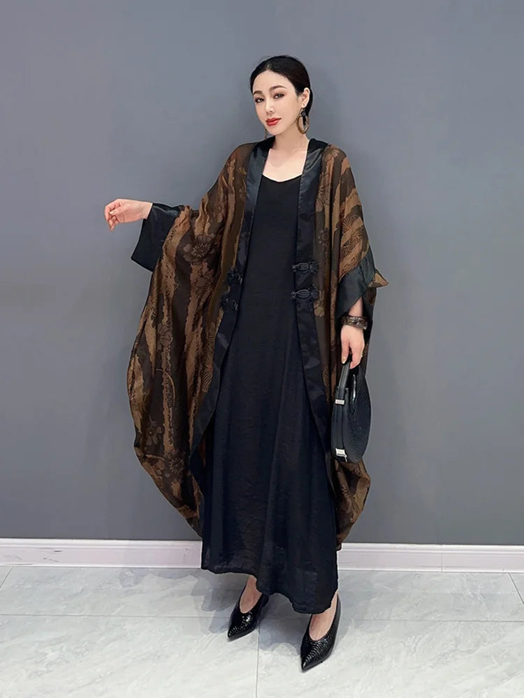 Fashion Printed Dress For Women V-neck Dial Buckle Batwing Sleeve Patchwork Loose Vestido Summer New Tide