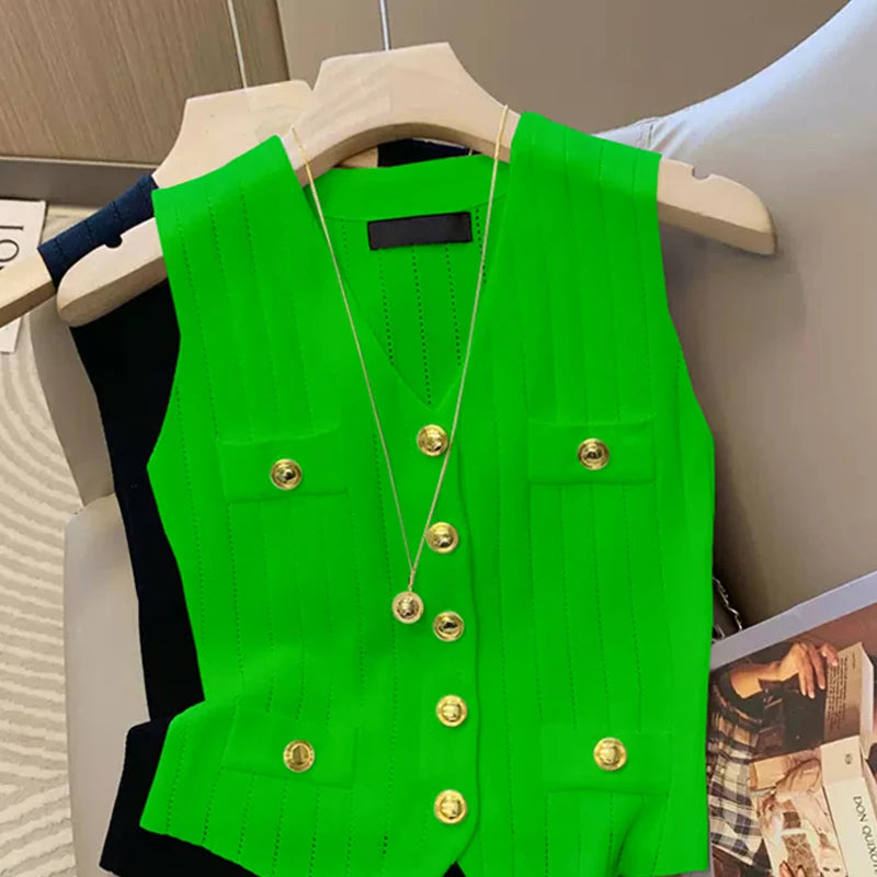 V-neck ice silk knitted vest women's summer new style French chic slim fit sleeveless top