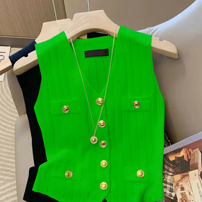 V-neck ice silk knitted vest women's summer new style French chic slim fit sleeveless top