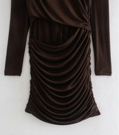 New Style Pleated Hollow Shoulder Pad Dress Slim Sexy Short Skirt Ladies Temperament Dress