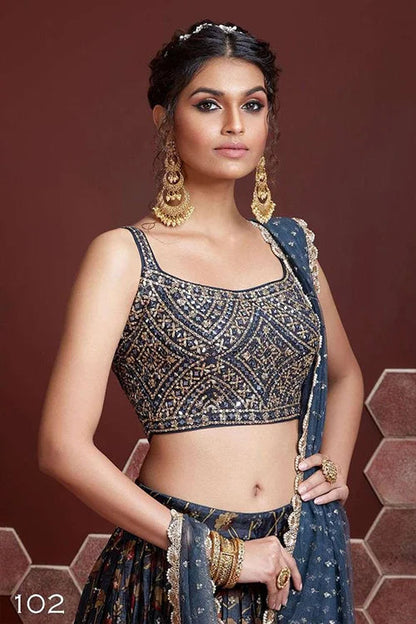 Elegance Blue Chinon Sequins Embroidered Lehenga Choli