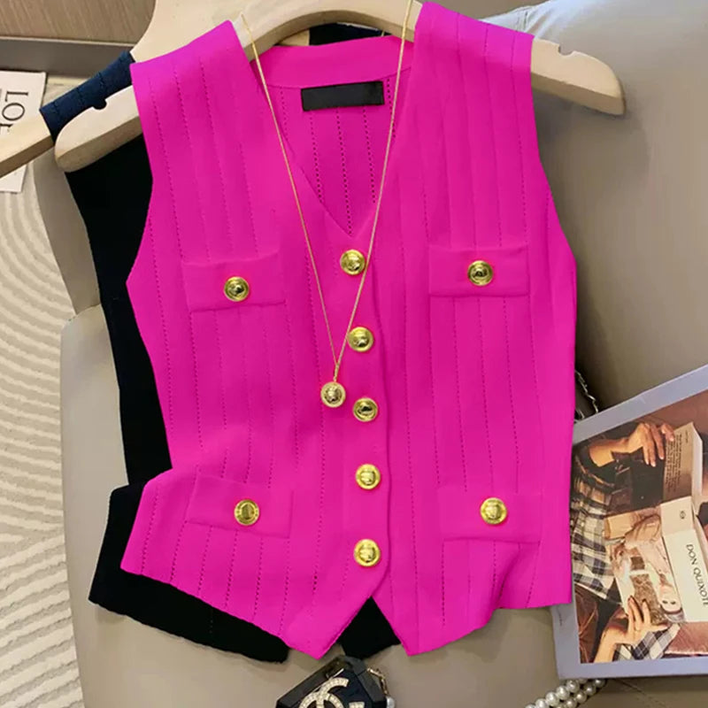 V-neck ice silk knitted vest women's summer new style French chic slim fit sleeveless top