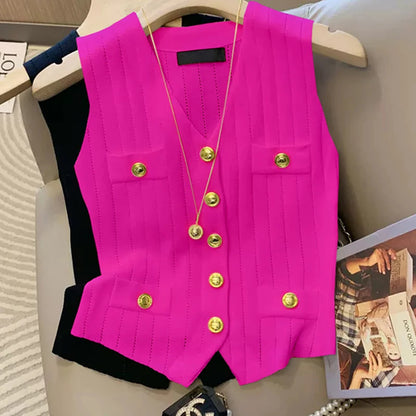 V-neck ice silk knitted vest women's summer new style French chic slim fit sleeveless top