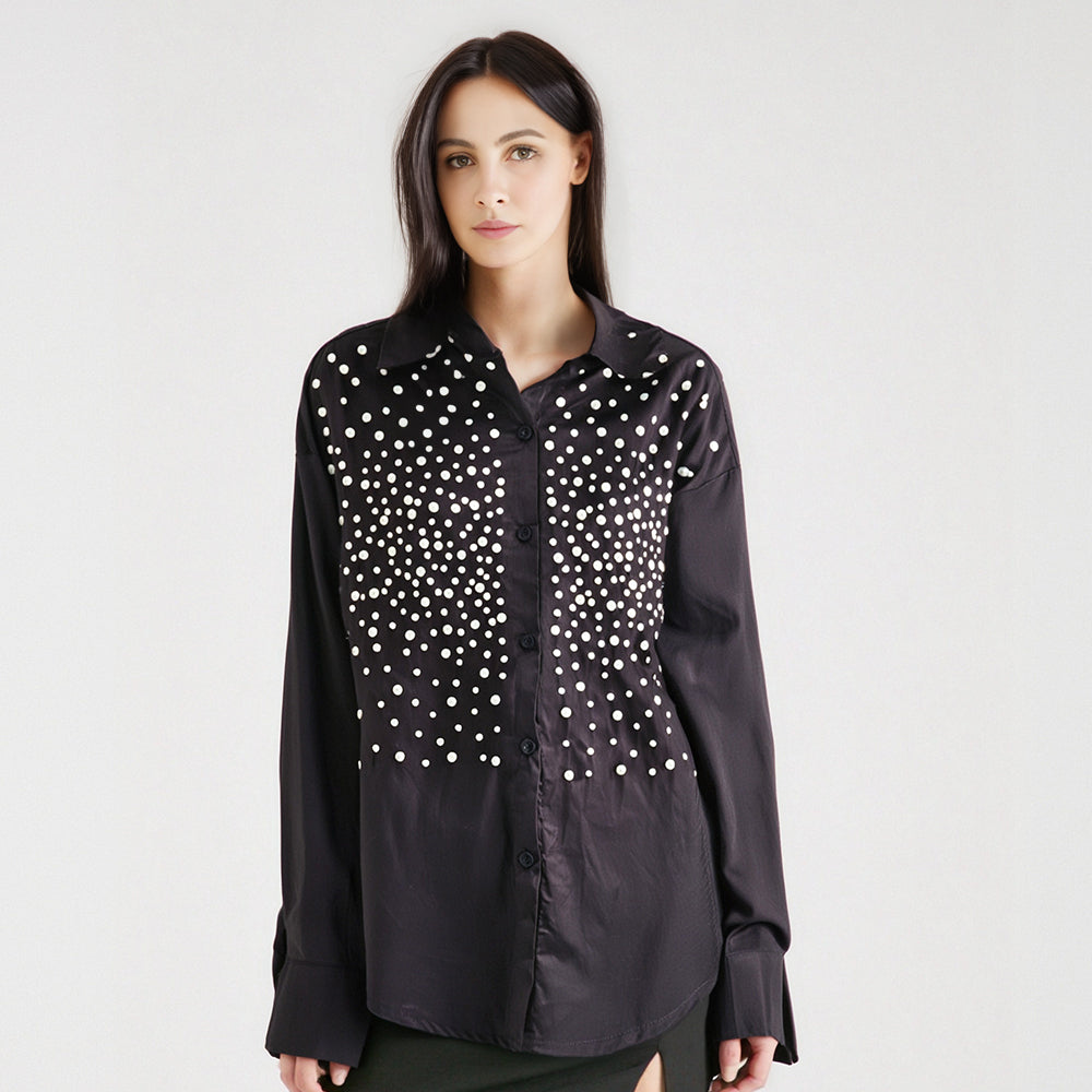 Women's Denim Shirt Loose Solid Color Full Pearls Single Breasted Female Causal Blouse Summer New Fashion