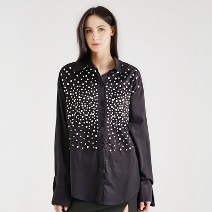 Women's Denim Shirt Loose Solid Color Full Pearls Single Breasted Female Causal Blouse Summer New Fashion